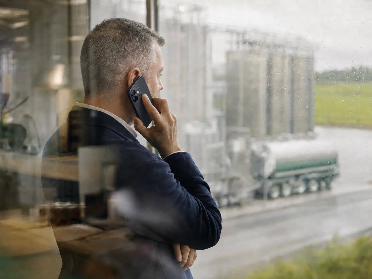 A broker on the phone at a window, watching a milk tanker arrive at the plant outside