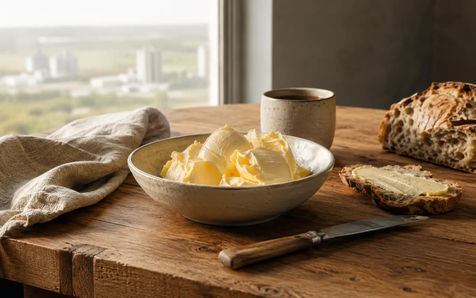 A bowl of butter curls on an oak table with sourdough, a knife and coffee, a hazy landscape through the window behind