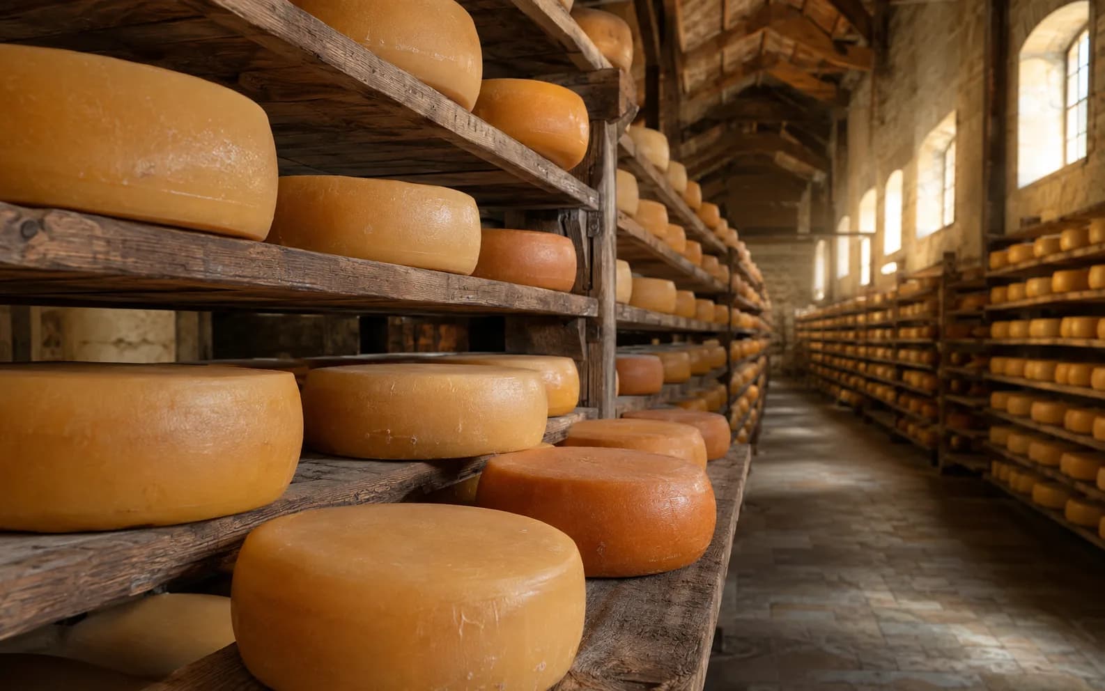 Rows of Gouda wheels ripening on wooden shelves in a stone maturation hall, receding towards a lit window