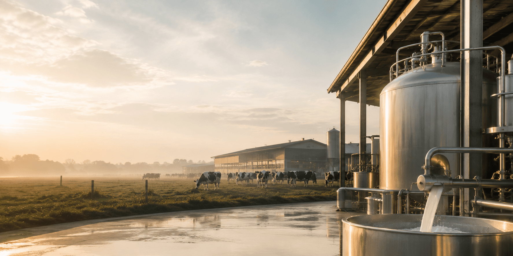 A dairy farm at sunrise: cows grazing on misty pasture beside the barn, and in the foreground a stainless milk tank with milk running into the receiving vessel