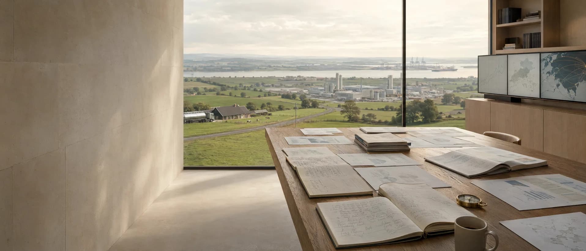 A long table of printed dairy market reports and charts by a window looking out over pasture, a dairy plant and a container port