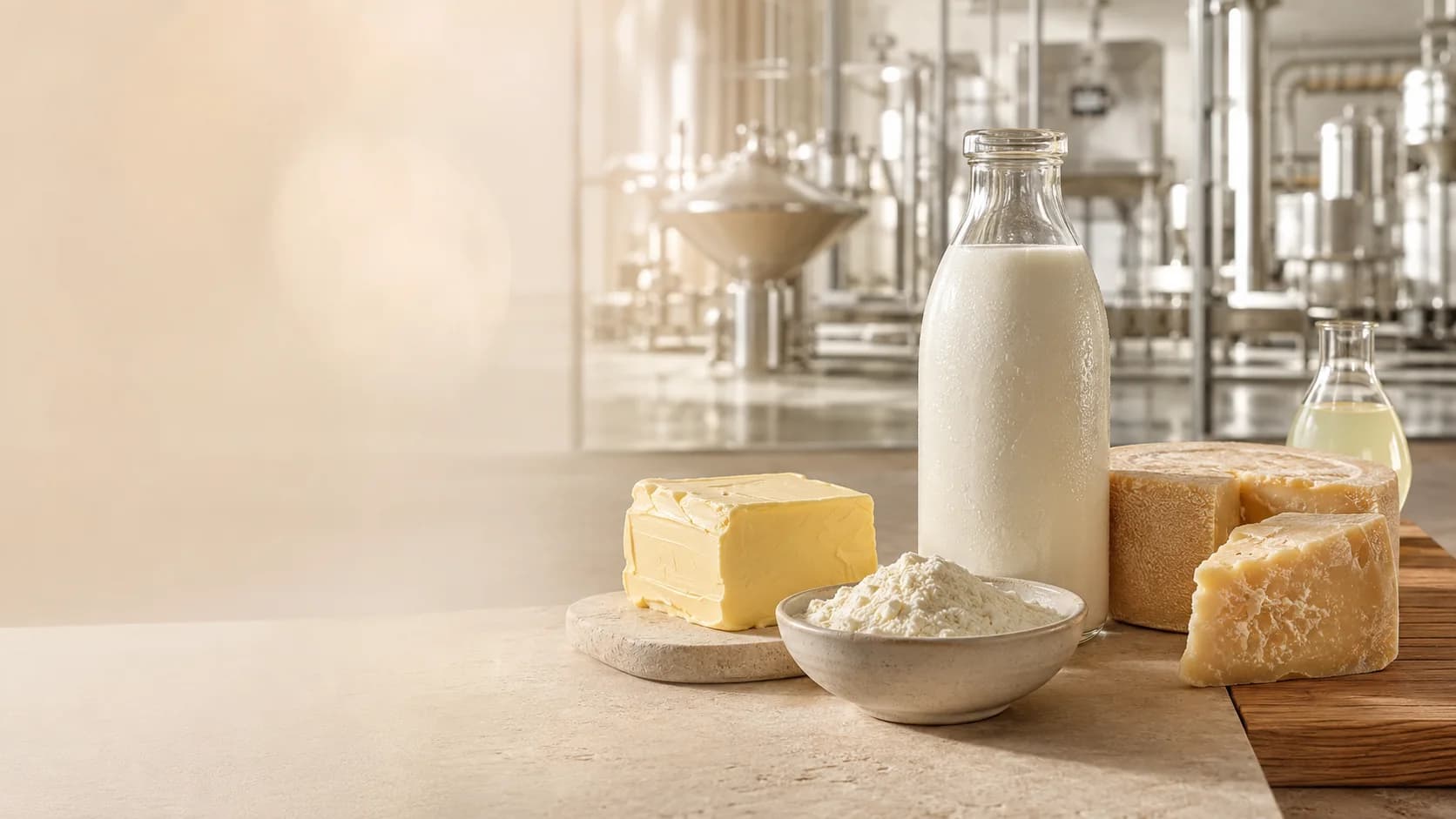 Butter, a bottle of milk, a bowl of milk powder, cut cheese and a flask of whey on a counter, a dairy processing hall behind